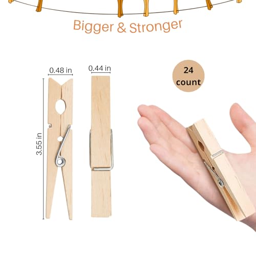 24 Pack Heavy Duty Wooden Clothespins - 3.55 Inch Outdoor Laundry & Craft Pins