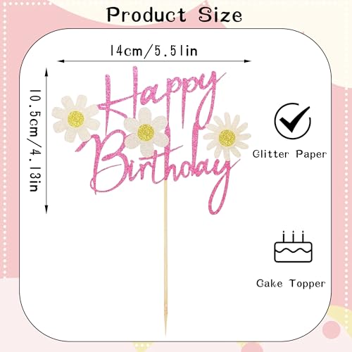 Pink Glitter Daisy Birthday Cake Topper - Happy Birthday Decoration