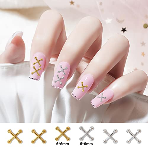 WOKOTO 100pcs Gold & Silver Gothic Cross Nail Charms 3D Metal Art Studs