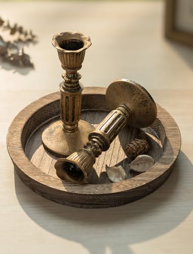 Hanobe Small Brown Round Wood Candle Holder Tray - 7.8" Centerpiece