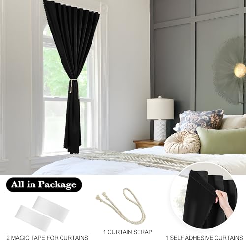 RYB HOME 100% Blackout Curtains 35"W x 48"L - No Drill, Black