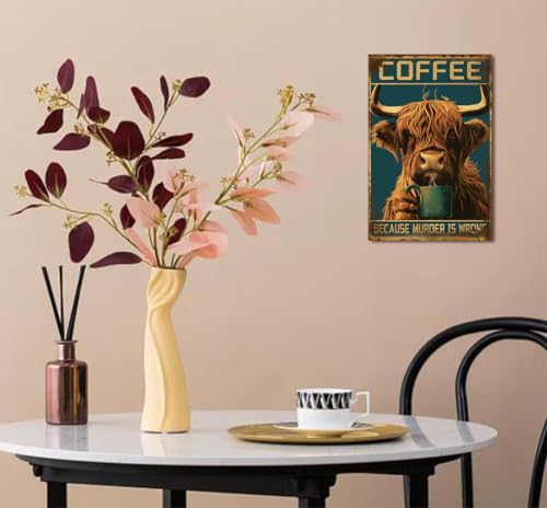 Highland Cow Coffee Metal Tin Sign - Funny Kitchen Decor, 8x12 Inch