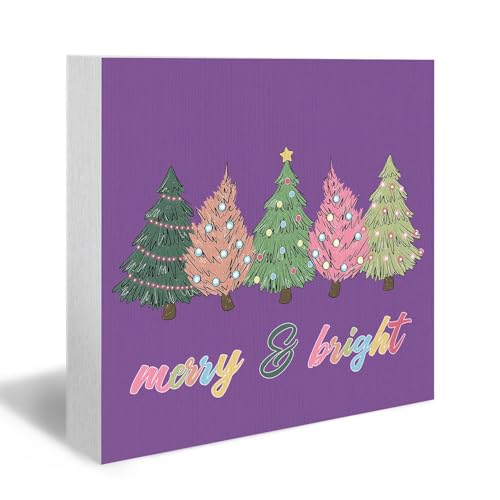 Purple Christmas Tree Wooden Box Sign - 5x5 Desk Decor