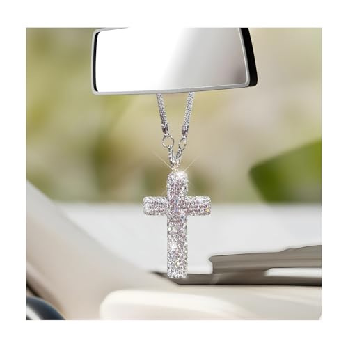 Crystal Rhinestone Cross Pendant for Rearview Mirror - Silver