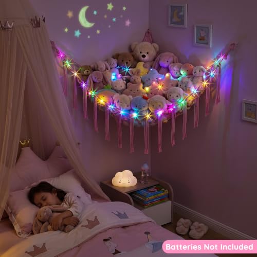Basumee Pink Stuffed Animals Hammock with LED Light - Large (39" x 39" x 59")