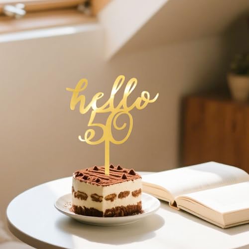 Hello 50 Cake Topper - Gold Acrylic for 50th Birthday & Anniversaries