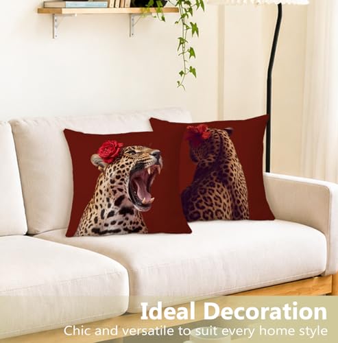 Red Floral Cheetah Throw Pillow Cover 18x18 Soft Flannelette Decorative