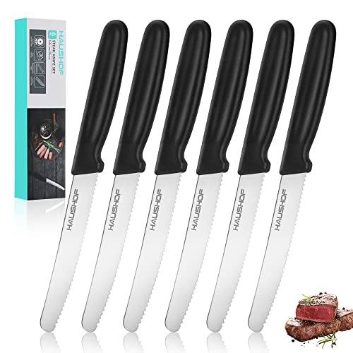 HAUSHOF Serrated Steak Knife Set - 6 Piece Stainless Steel, Black Handle
