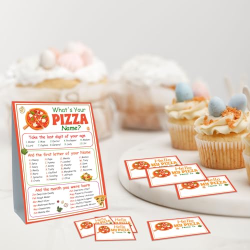 Pizza Name Game Card Set - 1 Sign & 30 Stickers | Guawubiang