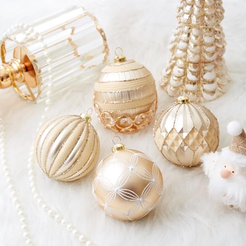 Velvet Christmas Ornaments 12Pcs - Champagne Gold & Cream Flocked Shatterproof Decorations