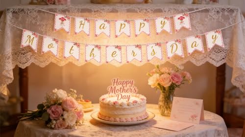 Happy Mother's Day Floral Banner with Gold Glitter Letters