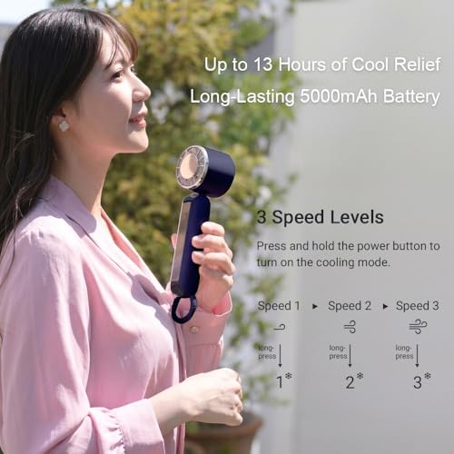 QYUOEY Blue Handheld Mini Portable Fan with Ice Cooling, USB Rechargeable, Up to 13H Runtime