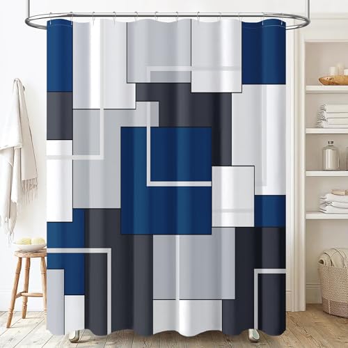 BTTN Navy Blue Geometric Waterproof Shower Curtain, 72x72