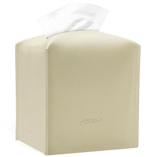 AZORMI Faux Leather Tissue Box Cover with Bottom Belt - Modern Square Design, Wide Opening, Beige
