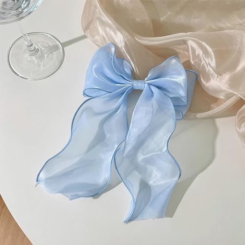 AEGYPIUS Large Light Blue Hair Bow with Long Tail Satin Ribbon Clip