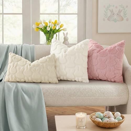 Cream White Faux Fur Bunny Throw Pillow Covers - Set of 2, 18x18
