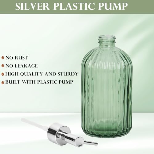Green Striped Glass Soap Dispenser, 12oz Refillable Bottle with Silver Pump