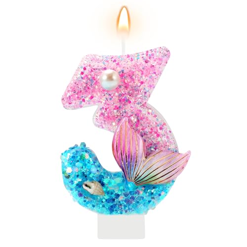 Mermaid Number 3 Birthday Candle - Pink & Blue Cake Topper