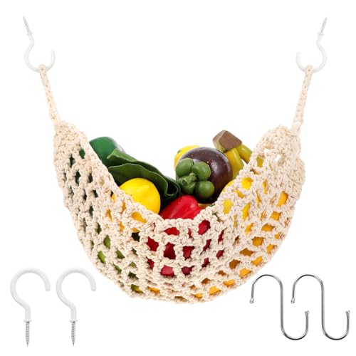 HaiFafafaing Khaki Hanging Fruit Hammock with Hooks – Under Cabinet Macrame Basket for Kitchen Storage