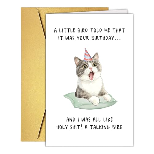 Cute Cat Birthday Card for All Ages - Blank Inside, 8x5.3in