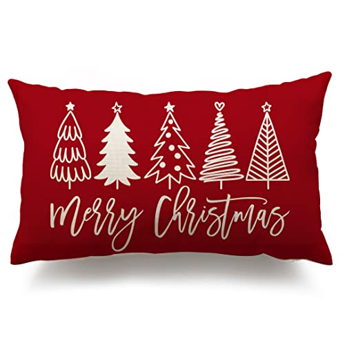 Merry Christmas Lumbar Pillow Cover, 12x20 Farmhouse Holiday Throw Case