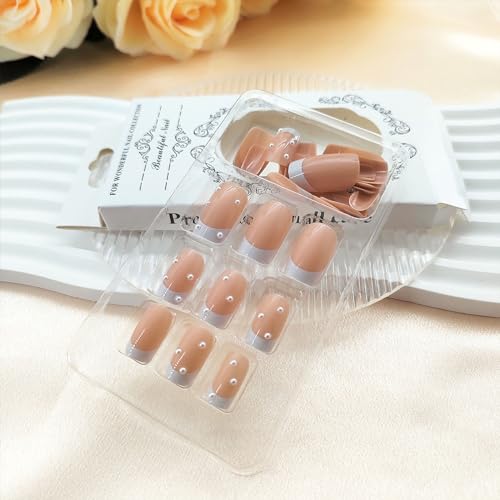 White French Tip Press On Nails Medium Square Glossy False Nails with Pearl Designs