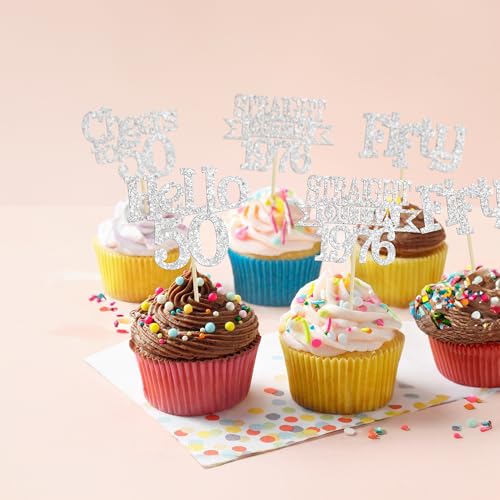 Happy 50th Birthday Cupcake Toppers - 24Pcs Glitter Decorations