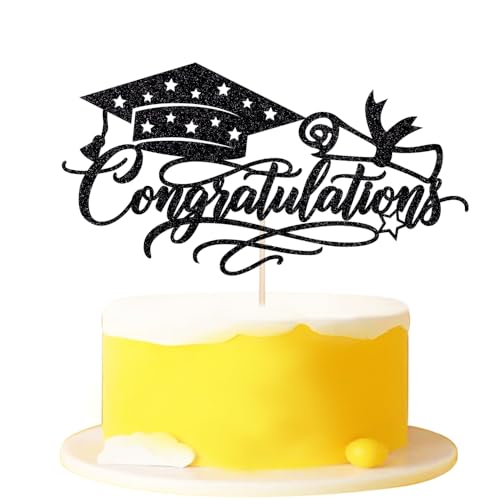Black Glitter Graduation Cake Topper - Congratulations Cap & Diploma