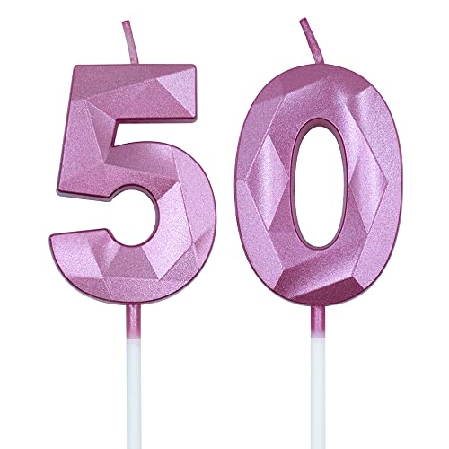 Pink 3D Diamond 50th Birthday Candles - Set of 2 for Cake