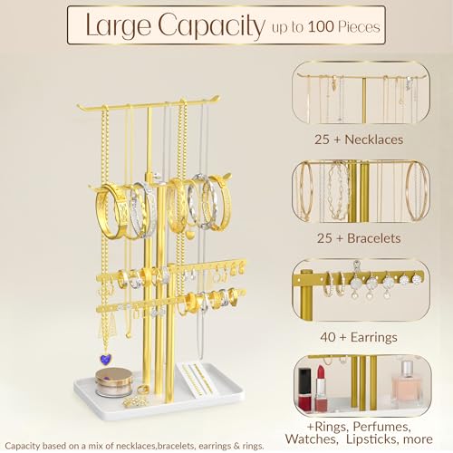 Adjustable Gold Jewelry Tower Stand Organizer for Women - Elegant Display with Necklace, Earring & Bracelet Holders
