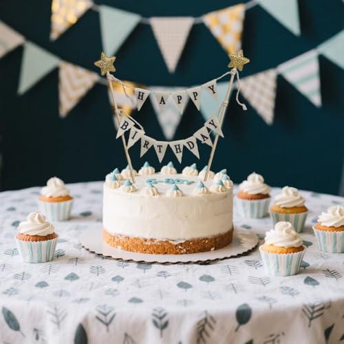Happy Birthday Cake Topper with Golden Star - Handmade Ivory Pennant Flags