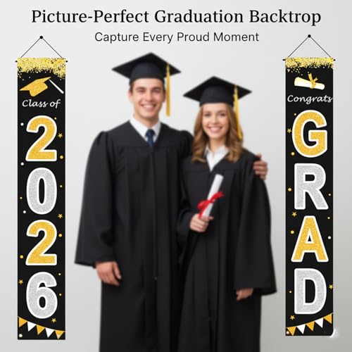 Class of 2026 Graduation Banner - Black & Gold Porch Decor 70" x 11"