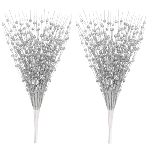 Silver Artificial Glitter Berry Stem Ornaments 15 Inch Christmas Tree Picks - 10 Pack