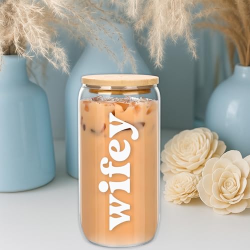 Wifey Cup - 16oz Glass Cup with Lid & Straw for Brides