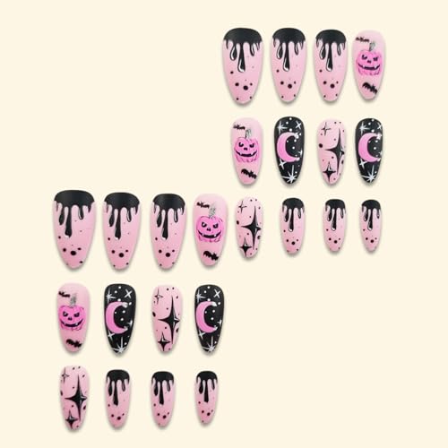 Halloween Press on Nails Medium Almond Fake Nails Matte Pumpkin Star Moon