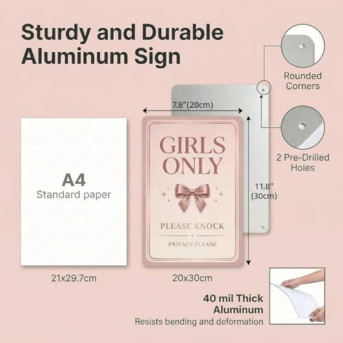 Girls Only Door Sign - Blush Pink & Rose Gold Preppy Room Decor, 8x12 Inch