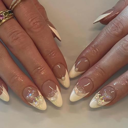 TBRZTR White French Press On Nails Almond 3D Bear Pearl False Nails Kit