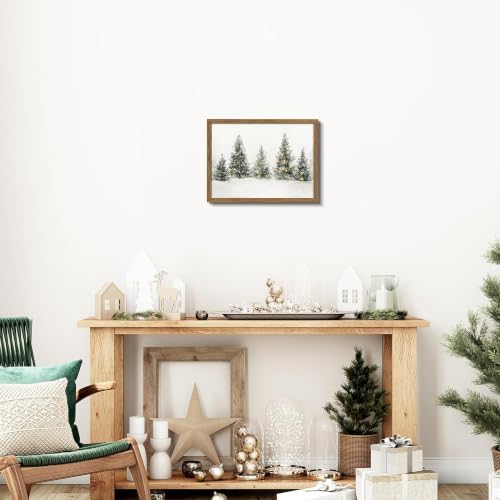 Pine Forest Christmas Wall Art - Framed Snowy Pine Tree Landscape, 16x12 Inch Neutral Farmhouse Decor