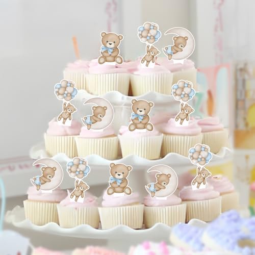 Blue Teddy Bear Cupcake Toppers - 48 Pcs Baby Shower Decorations