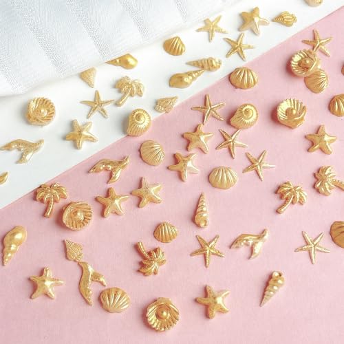 Tephrent 200pcs Starfish & Shell Nail Charms - Gold Resin Ocean Rhinestones