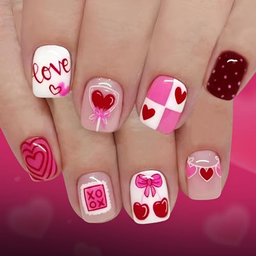 Valentines Press on Nails Short Square Red Heart Fake Nails Glossy Bow