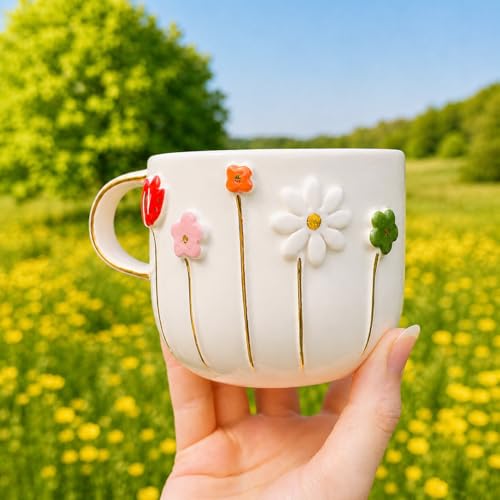 Flowers 12 oz Handmade Ceramic Mug with Gold Accents - Floral Coffee Cup