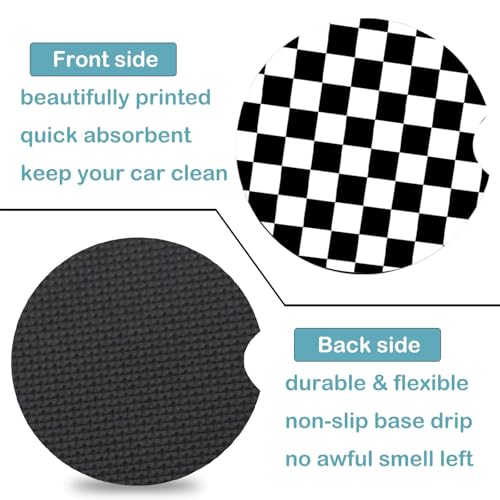 2 Pack Black and White Lattice Car Cup Holder Coasters - Non-Slip Neoprene Mats