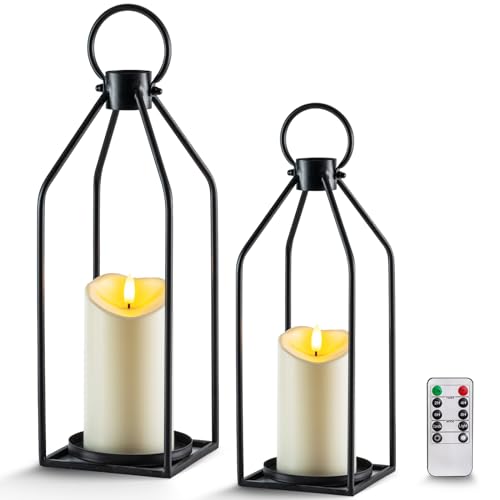 Black Metal Lanterns with Flameless Candles - 2PCS Farmhouse Decor