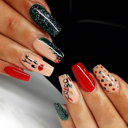 Christmas Press on Nails Medium Square Fake Nails Red Glitter Xmas Acrylic