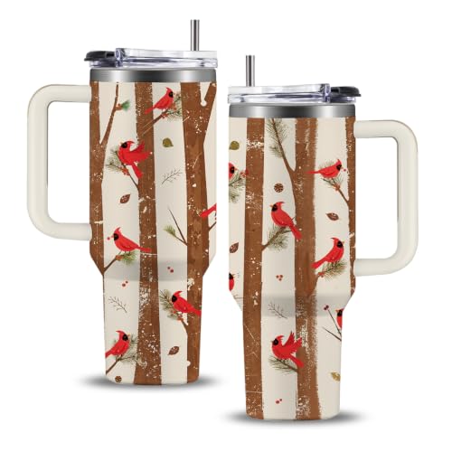 Cardinals Lover Tumbler - 40oz Stainless Steel Travel Mug with Handle & Straw - Bird Lover Gift - Variation of Cardinals