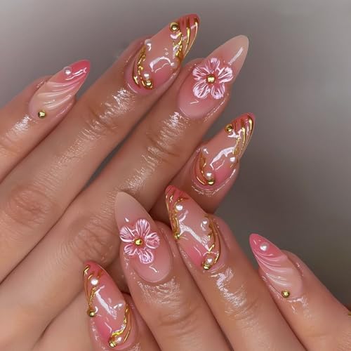 Floral Press on Nails Medium Almond Fake Nails with Pearl Designs Glossy