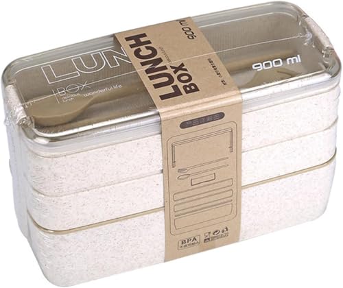 Beige 3-Layer Portable Bento Box 900ML Wheat Straw Food Storage Container
