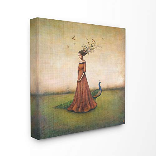Stupell Industries Beauty and Birds in Her Hair Woman and Peacock Illustration Stretched Canvas Wall Art, Multi-Color