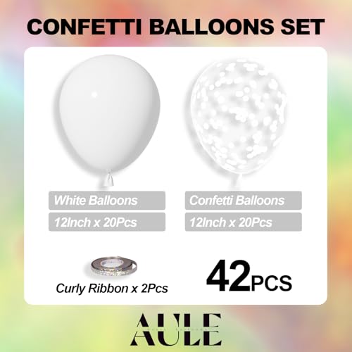 AULE White Confetti Balloons Set - 42pcs 12 Inch Latex & Confetti Balloons for Parties